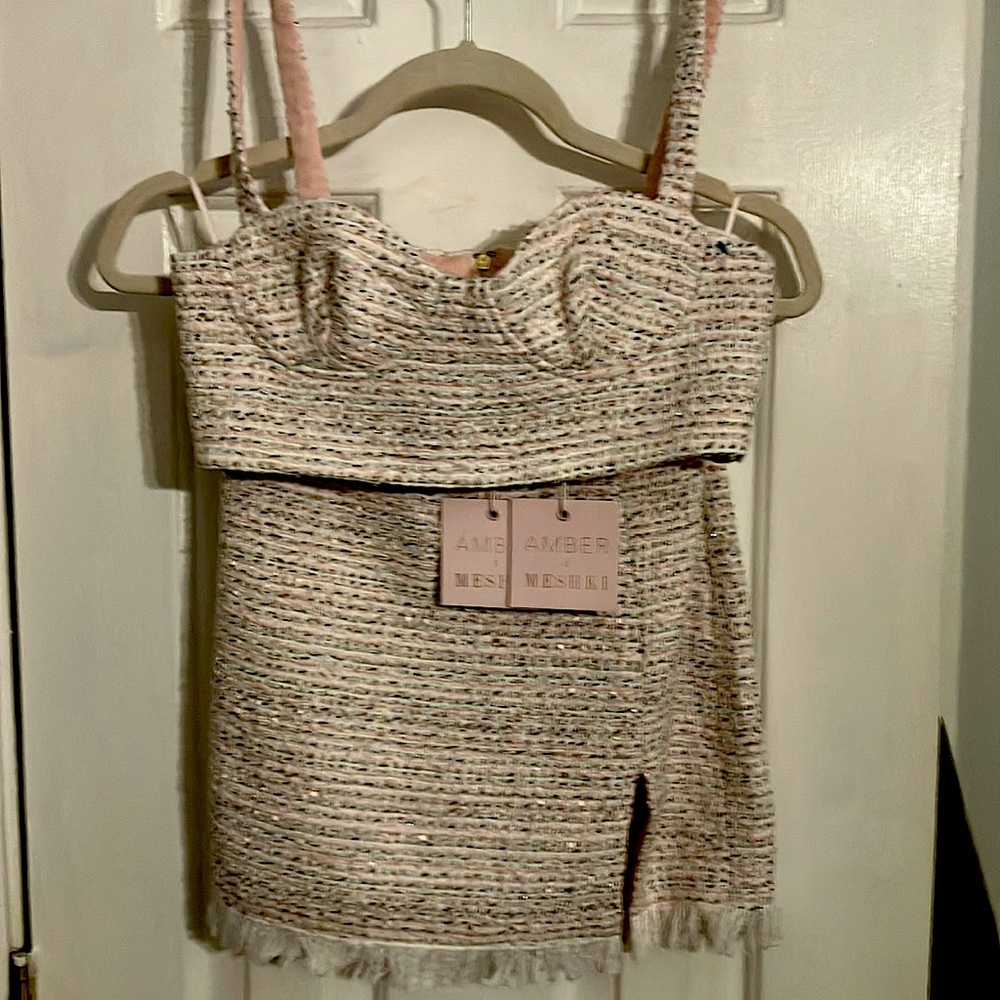 AMBERXMESHKI Gabrielle tweed mini skirt, top:white, pink, gray, brown and silver